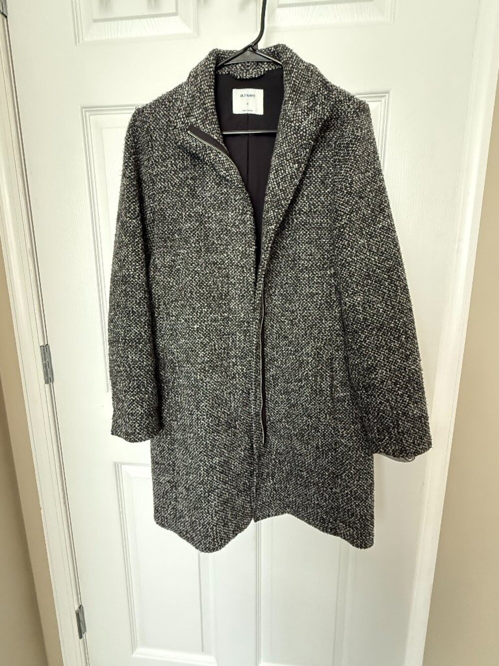Old Navy Bouclé Tweed Cocoon Coat Funnel Neck Jacket Black Gray White Small